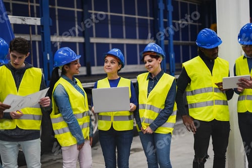 Preview: Multiethnic people working inside robotic factory