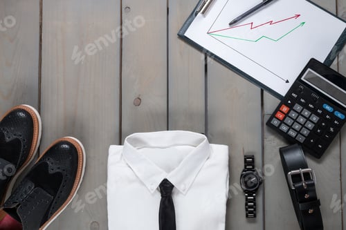 Preview: Businessman, work outfit on grey wooden background