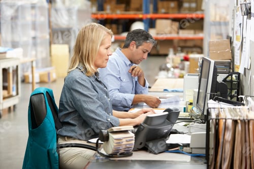Preview: Business Colleagues Working At Desk In Warehouse
