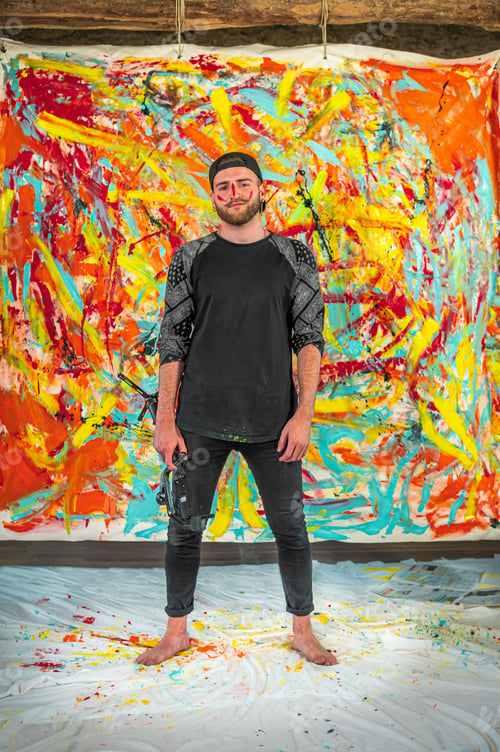 Preview: Vertical portrait of a smiling Caucasian male with red lines on the face