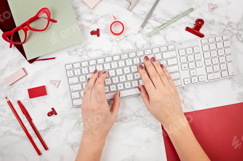 Preview: Woman hands typing on the keyboard. top view, flat lay. Online shopping, social networking, internet
