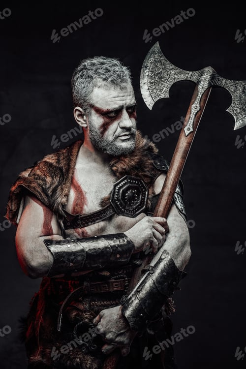 Preview: Barbaric fighter with white skin and axe in dark background