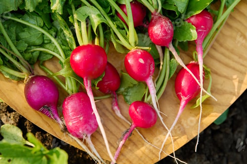 Preview: Harvesting radishes on raised wooden box bed