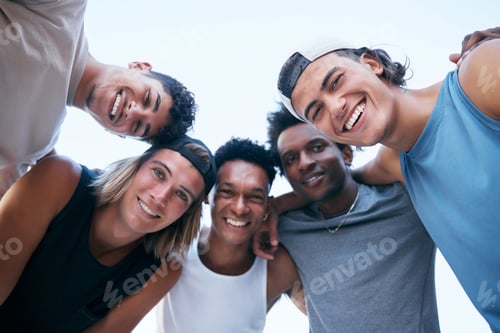 Preview: Portrait, diversity and men huddle, together for practice and content outdoor. Young male group, fr