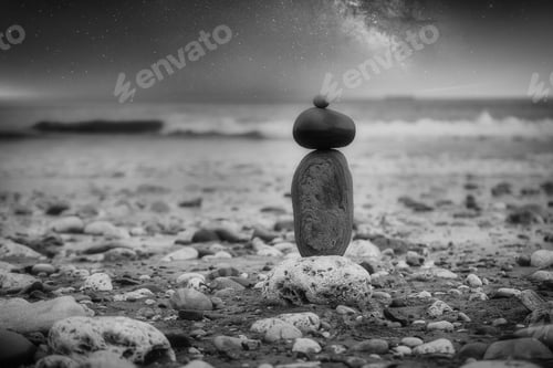 Preview: Grayscale shot of stack of stones on the rocky beach under glowing sky - beautiful wallpaper
