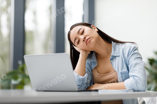 Preview: Educational exhaustion and overwork. Exhausted asian student lady sleeping in front of laptop tired