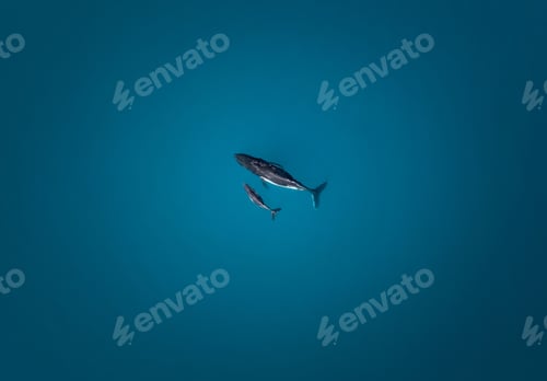Preview: Aerial top view of a whale with its baby in deep blue seawater