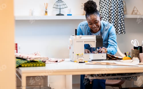 Preview: Female fashion tailor with sewing machine working on dress design in her workshop.