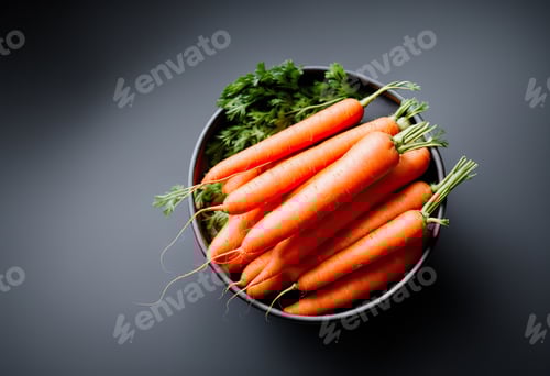Preview: Top view of a bunch of fresh organic carrots on black background