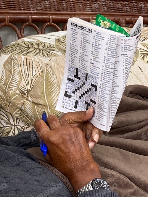 Preview: Hands Holding Crossword Puzzle With Pen Inside Home