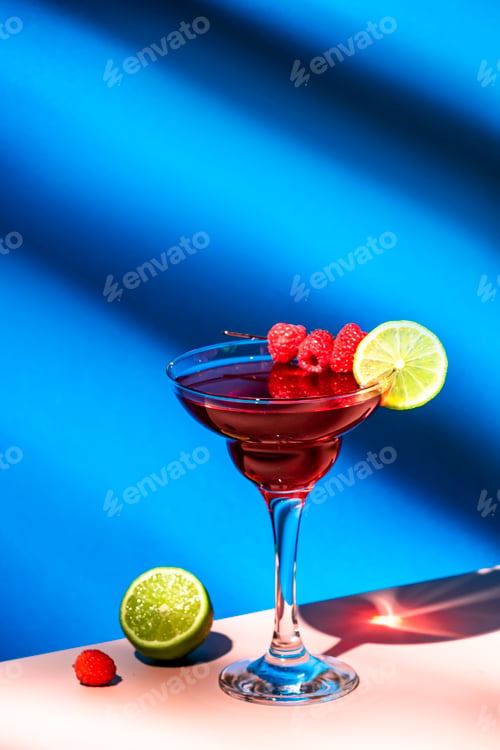 Preview: Raspberry daiquiri alcoholic cocktail with rum, syrup, fruit juice, lime, berry and ice
