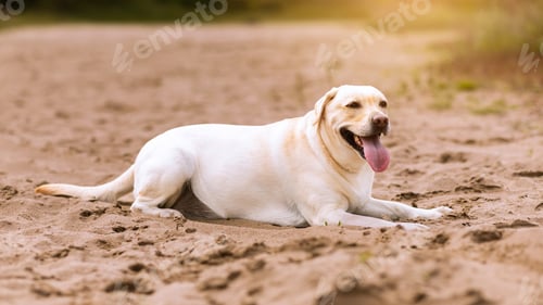 Preview: Labrador retriever dog looking at camera, laying on sand