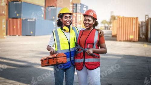 Preview: Woman Technician or maintenance worker hold mechanic tool box near old cargo container tank