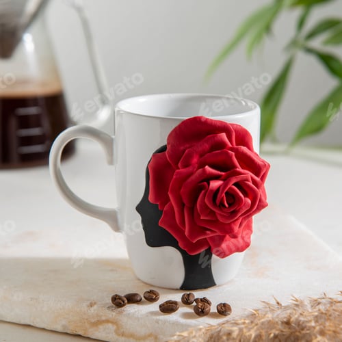 Preview: Closeup of a colorful Christmas mug on the table with fresh coffee in the background