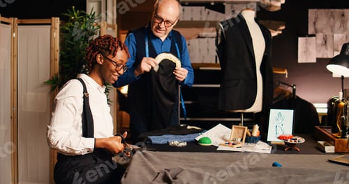 Preview: Student and tailor cutting fabric