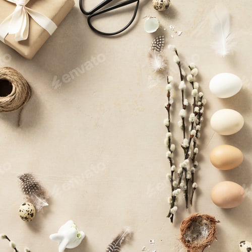 Preview: Easter composition with vintage Easter decorations on beige stone background