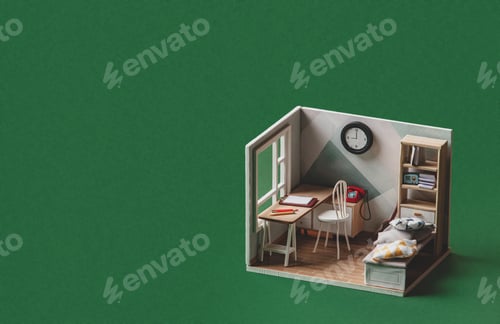 Preview: photo of a room assembled from small parts on a green background