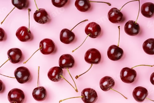 Preview: Macro, Closeup Of Ripe Fresh Red Sweet Cherries With Stems, Summer Fruit On Pink Background