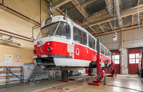 Preview: Old red broken tram lifting jacks