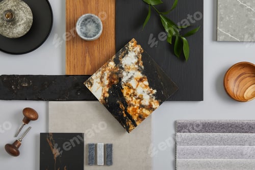 Preview: Elegant architect moodboard flat lay composition in light grey, black and brown color palette