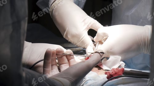 Preview: Surgical team operating male genitals in an operation theater. Action. Close up of surgeons removing