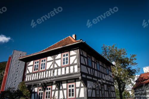 Preview: Low angle shot of a half-timbered style building in Thuringia