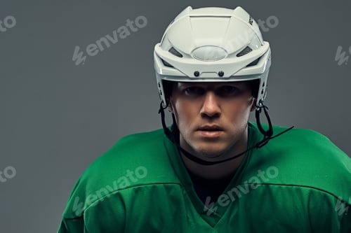Preview: Hockey player wearing black protective uniform holds a hockey stick on a gray background.