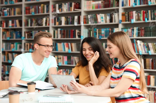Preview: Young people discussing group project at table in library