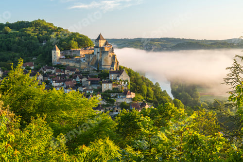 Preview: Landscape with forest, settlement and medieval castle on a hill.