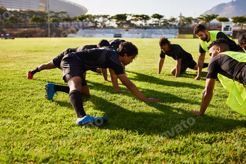 Preview: Cropped shot of a diverse group of sportsmen stretching before a rugby practice during the day
