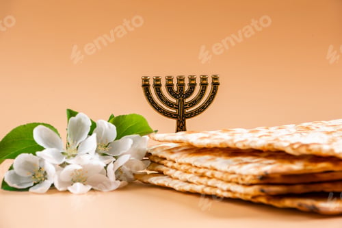 Preview: Happy Passover. Traditional Jewish menorah candlestick and matzo bread