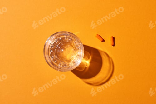 Preview: top view of pills near glass with water on orange background