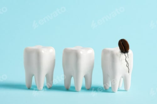 Preview: Coffee bean breaks white human tooth. Minimal art poster of dental problems dental advertising.
