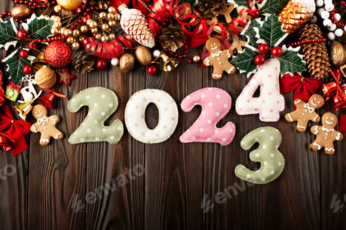 Preview: Colorful stitched digits 2024 of polkadot fabric with Christmas decorations flat lay background