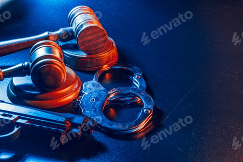 Preview: Gun and judge's gavel on the table. Crime, robbery, attack concept