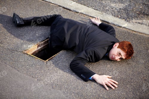 Preview: An unfortunate businessman lying on the ground with his leg stuck in a drain