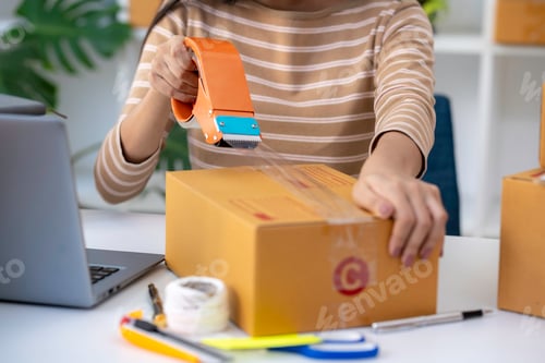 Preview: Starting a small business SME owner female entrepreneur holding a box and smiling at the camera Succ
