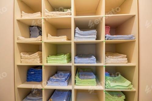 Preview: Interior of white plastic cabinet or clothing open wardrobe with stacked piles