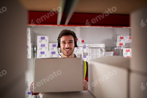 Preview: Portrait Of Male Worker Wearing Headset In Logistics Distribution Warehouse Taking Box From Shelf