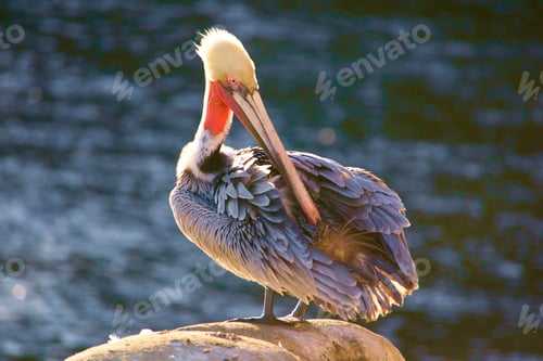 Preview: Beautiful colorful pelican sitting in the morning sun on top of the La Jolla Sea Caves and the ocean