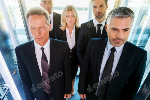 Preview: People in elevator. Top view of business people in formalwear standing in elevator