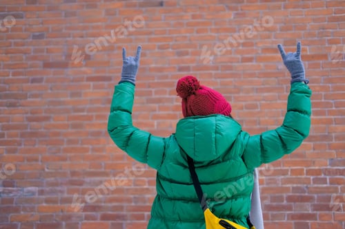 Preview: Woman Hipster In Bright Clothes Laughing And Smiling. Young Happy Girl In A Red Knit Hat, Green