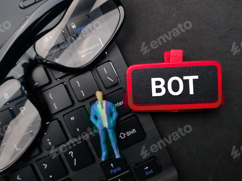 Preview: Miniature people and wooden board with the word BOT on black background.