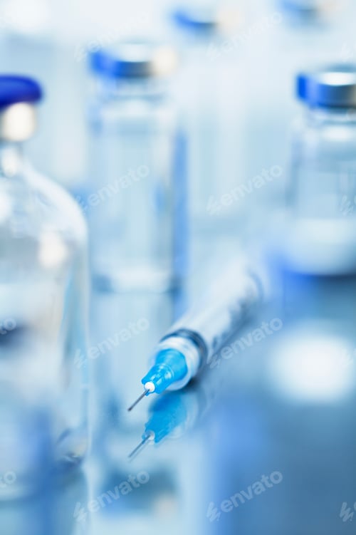 Preview: Syringe. Disposable plastic medical syringe surrounded by sealed medication vials