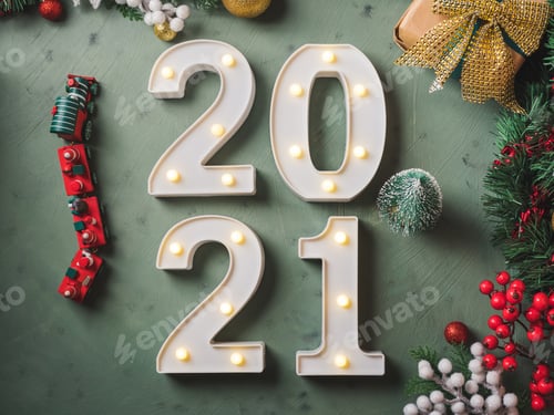 Preview: 2021 is coming - festive flat lay with illuminated numbers on green