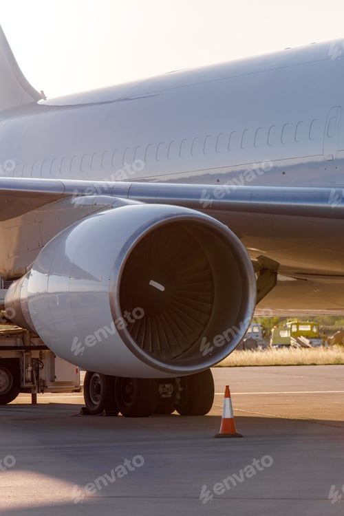 Preview: Jet engine close-up with servicing equipment on the airport runway at sunset