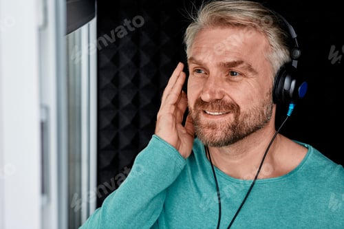 Preview: Adult man wearing audiometry headphones while hearing test and audiogram in special audio room.