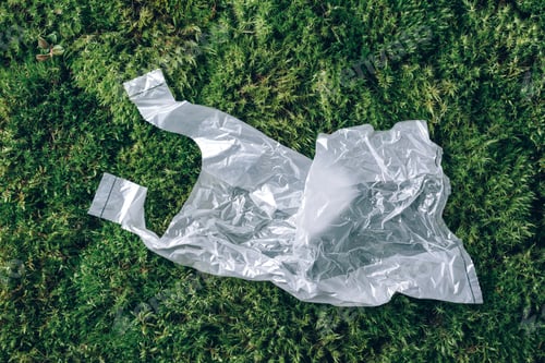 Preview: Pollution problem concept. Disposable plastic bag on green moss, grass background. Top view. Copy