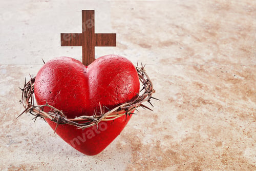 Preview: Sacred Heart of Jesus, surrounded by a crown of thorns and with wooden cross