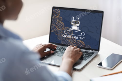 Preview: Black woman typing on laptop keyboard, using online assistant